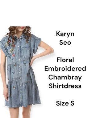 Karyn Seo blue chambray denim shirt boho dress with multicolor floral embroidery